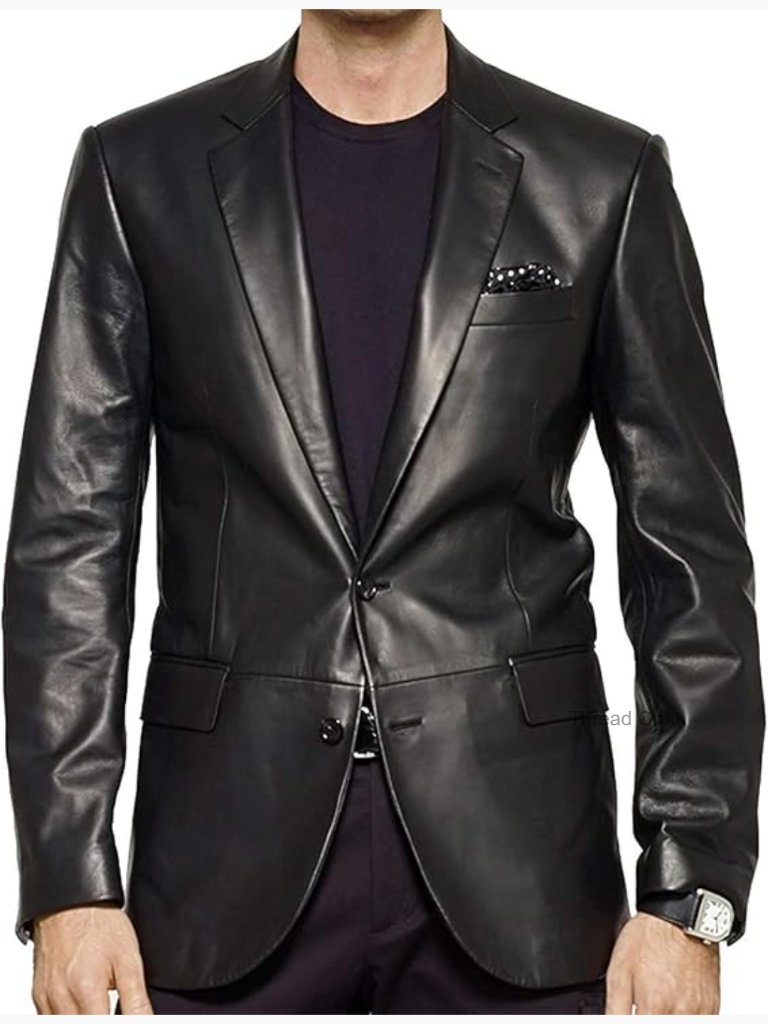 Men's Lambskin Leather Blazer Coat With Button Closure, 3/4 Sleeve